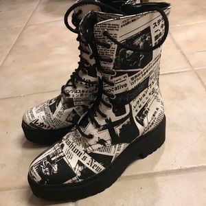 DollsKill News Print Combat Boots — NEW w/ out Tag